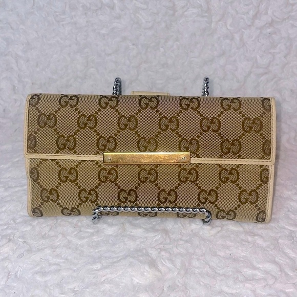 Gucci GG Guccissima Monogram Canvas & Leather Snap Folio Long Wallet Cream Brown - Picture 1 of 17